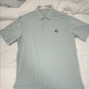 Peter Millar Light Blue Striped Polo Shirt with TaylorMade logo